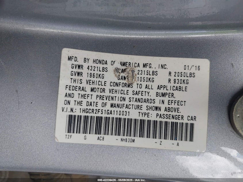 2016 HONDA ACCORD VIN: 1HGCR2F51GA110031