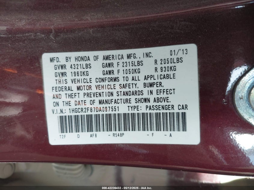 2013 HONDA ACCORD VIN: 1HGCR2F87DA097551