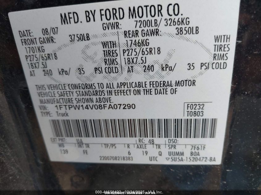 2008 Ford F-150 60Th Anniversary/Fx4/King Ranch/Lariat/Xlt VIN: 1FTPW14V08FA07290 Lot: 42236485