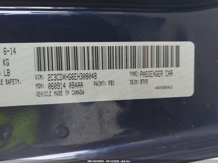 2014 Dodge Charger Sxt VIN: 2C3CDXHG6EH308048 Lot: 42236502