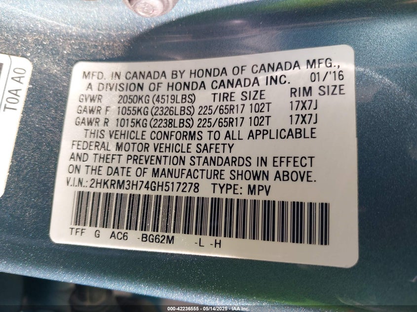 2016 HONDA CR-V VIN: 2HKRM3H74GH517278
