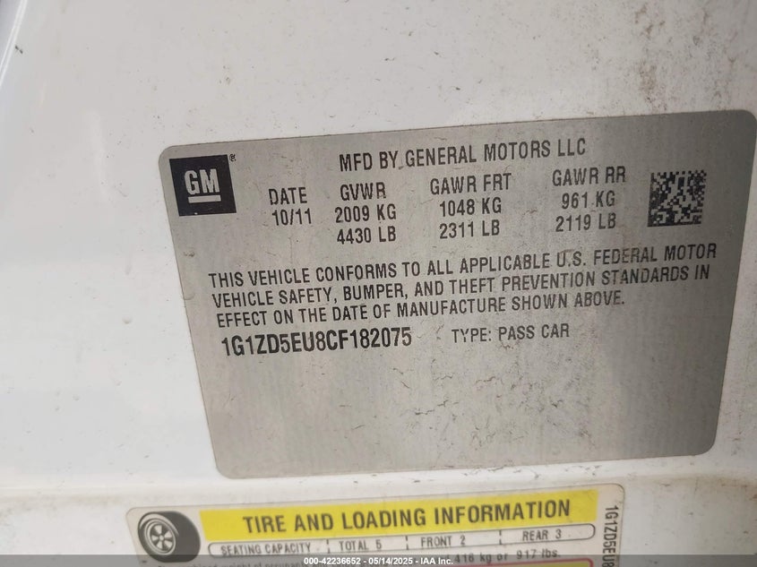 2012 CHEVROLET MALIBU VIN: 1G1ZD5EU8CF182075