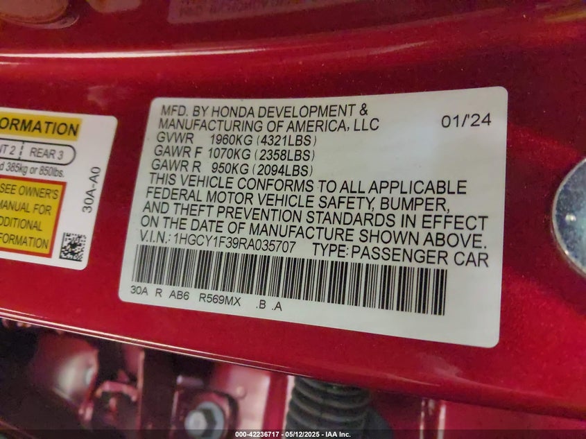 2024 HONDA ACCORD VIN: 1HGCY1F39RA035707