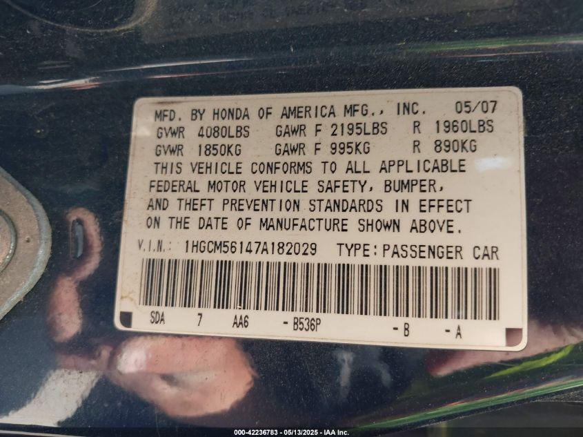 2007 Honda Accord 2.4 Vp VIN: 1HGCM56147A182029 Lot: 42236783