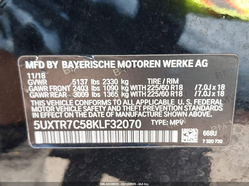 2019 BMW X3 Sdrive30I VIN: 5UXTR7C58KLF32070 Lot: 42236830