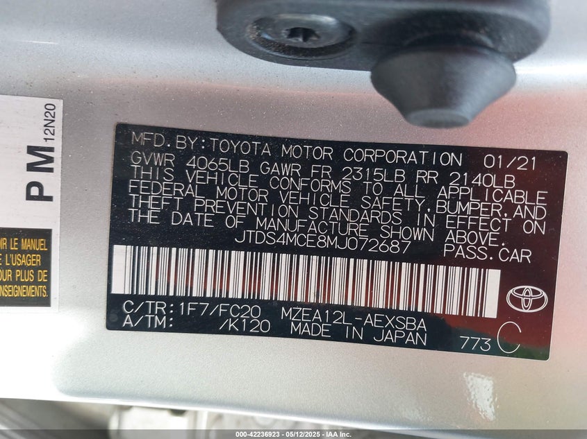 2021 TOYOTA COROLLA VIN: JTDS4MCE8MJ072687