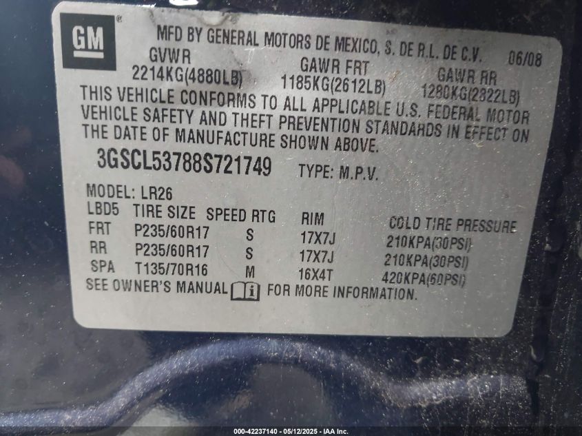 2008 Saturn Vue V6 Xr VIN: 3GSCL53788S721749 Lot: 42237140