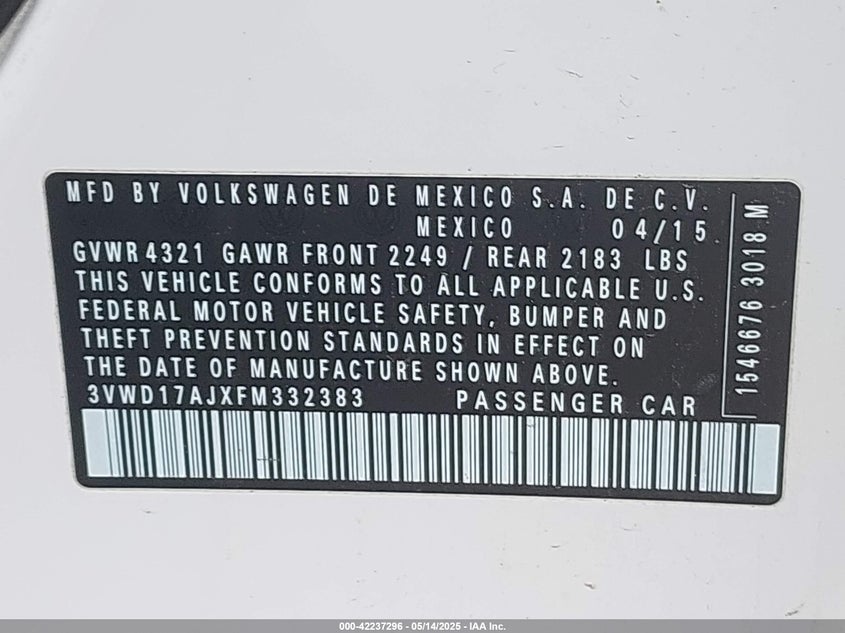2015 VOLKSWAGEN JETTA VIN: 3VWD17AJXFM332383