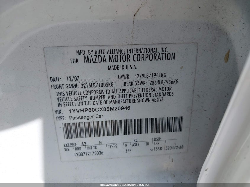 2008 MAZDA MAZDA6 VIN: 1YVHP80CX85M20946