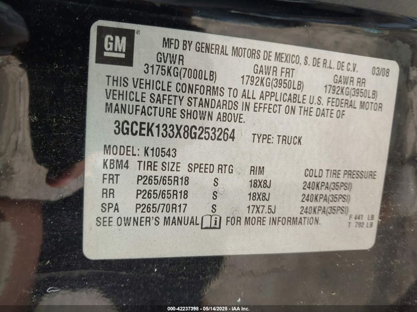 2008 Chevrolet Silverado 1500 Ltz VIN: 3GCEK133X8G253264 Lot: 42237398