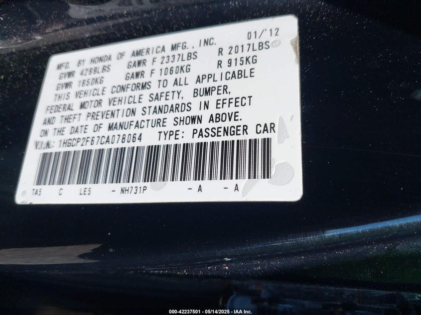 2012 HONDA ACCORD VIN: 1HGCP2F67CA078064