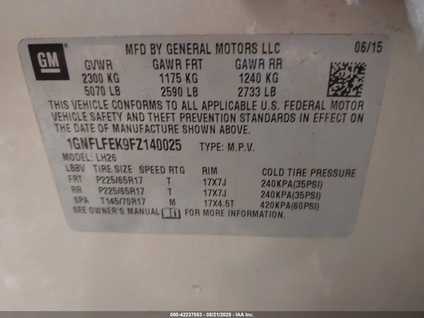 2015 CHEVROLET EQUINOX VIN: 1GNFLFEK9FZ140025