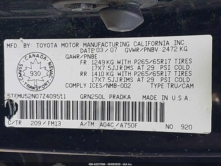 2007 TOYOTA TACOMA VIN: 5TEMU52N07Z409511