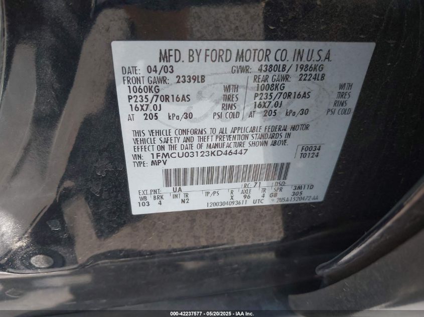 2003 Ford Escape Xlt VIN: 1FMCU03123KD46447 Lot: 42237577