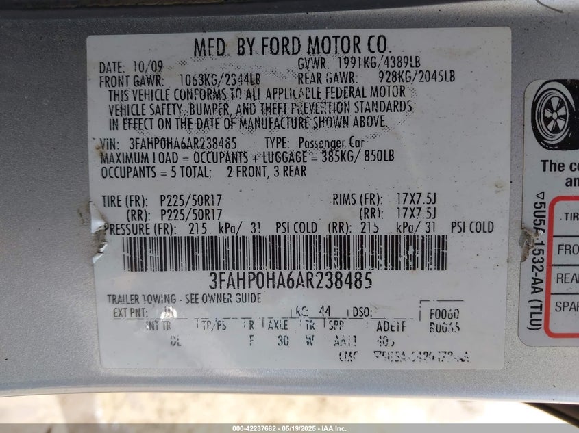 2010 FORD FUSION VIN: 3FAHP0HA6AR238485