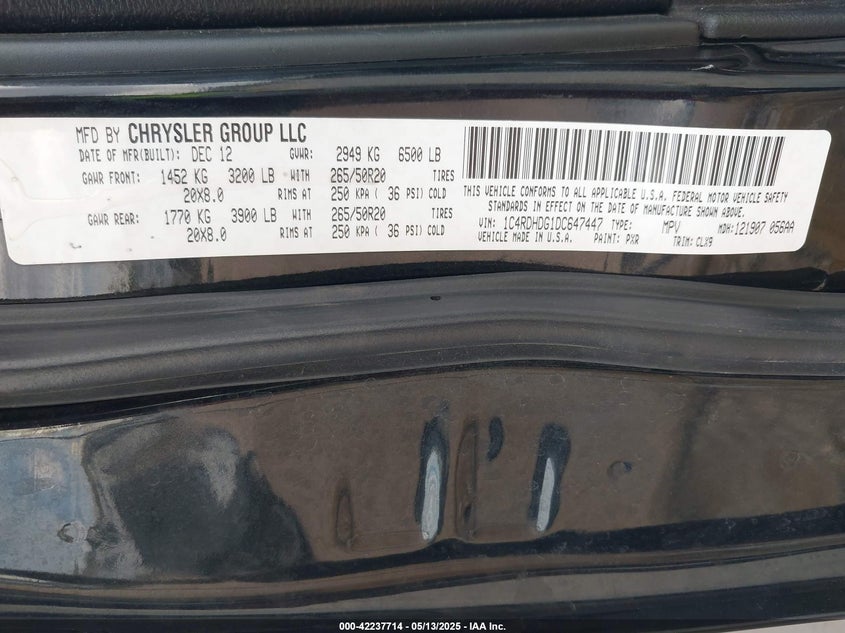 2013 DODGE DURANGO VIN: 1C4RDHDG1DC647447