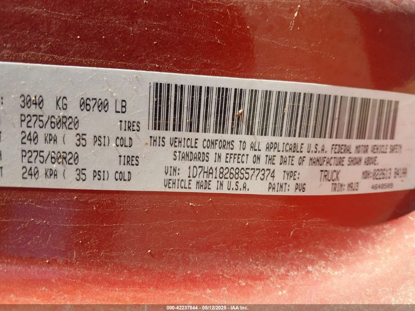 2008 Dodge Ram 1500 Slt VIN: 1D7HA18268S577374 Lot: 42237844