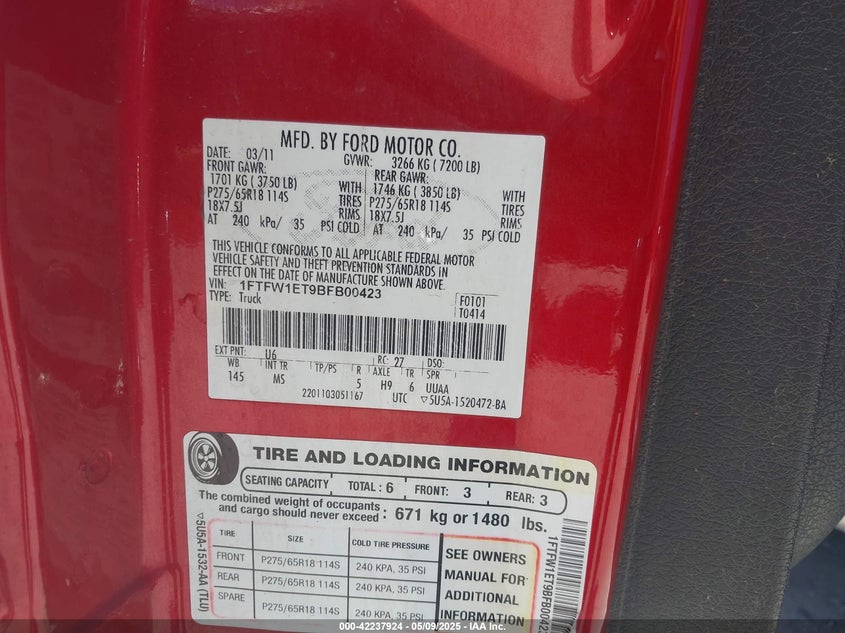 2011 FORD F-150 VIN: 1FTFW1ET9BFB00423