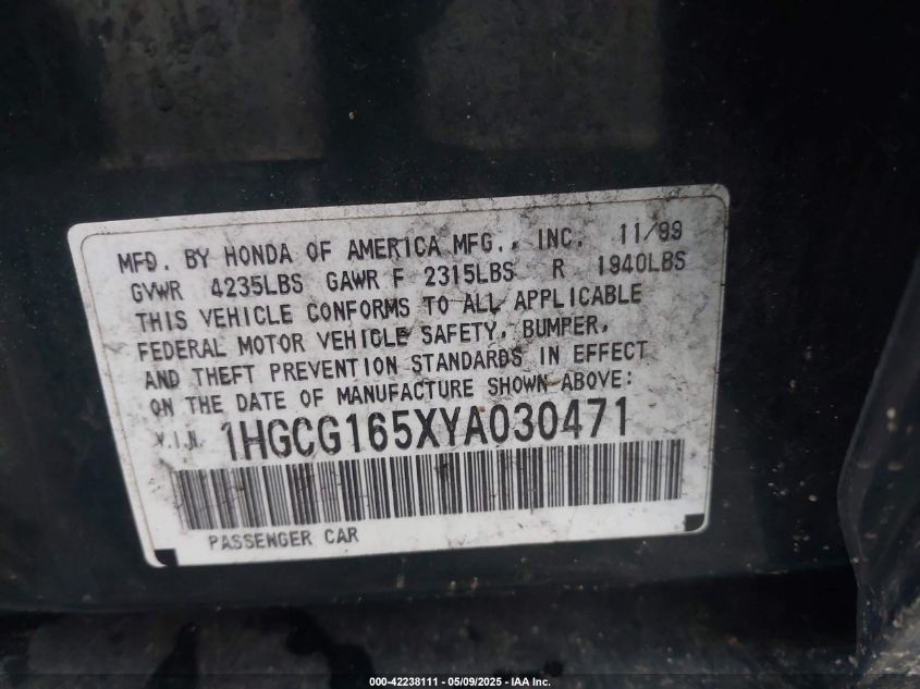 2000 Honda Accord 3.0 Ex VIN: 1HGCG165XYA030471 Lot: 42238111