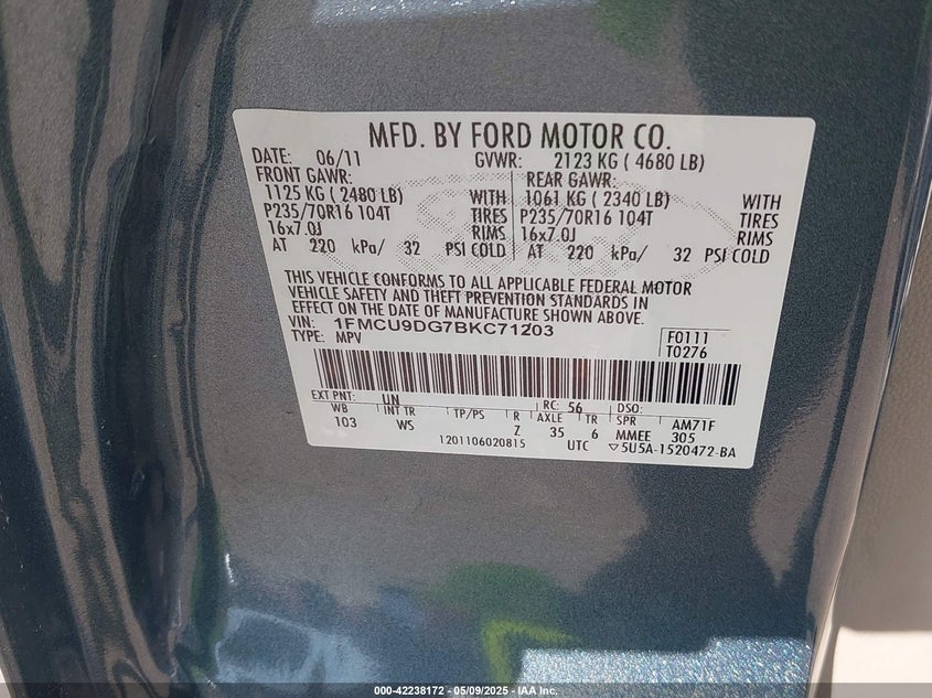 2011 FORD ESCAPE VIN: 1FMCU9DG7BKC71203
