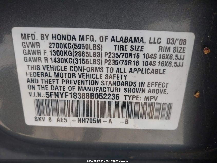 2008 Honda Pilot Se VIN: 5FNYF18388B052236 Lot: 42238209
