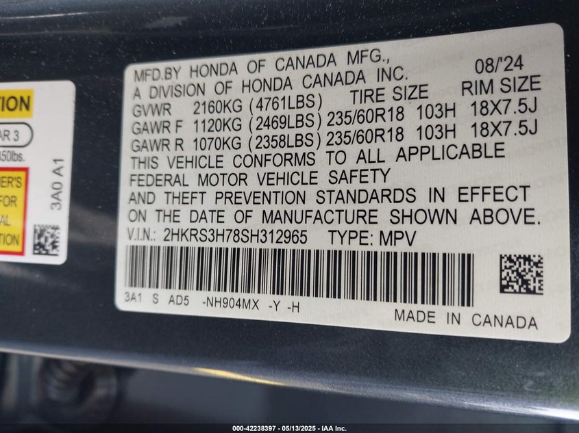 VIN 2HKRS3H78SH312965 2025 HONDA CR-V EX-L 2WD