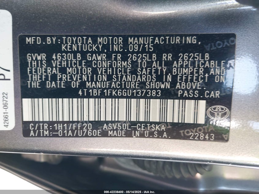 2016 TOYOTA CAMRY VIN: 4T1BF1FK6GU137383