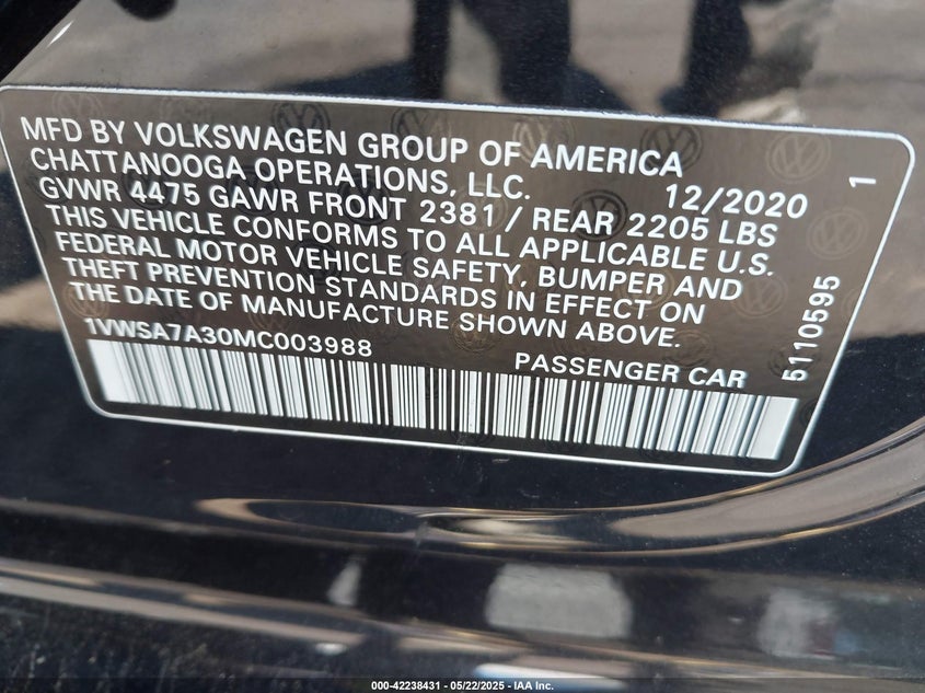 2021 VOLKSWAGEN PASSAT VIN: 1VWSA7A30MC003988