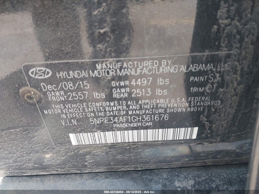 2016 HYUNDAI SONATA VIN: 5NPE34AF1GH361676
