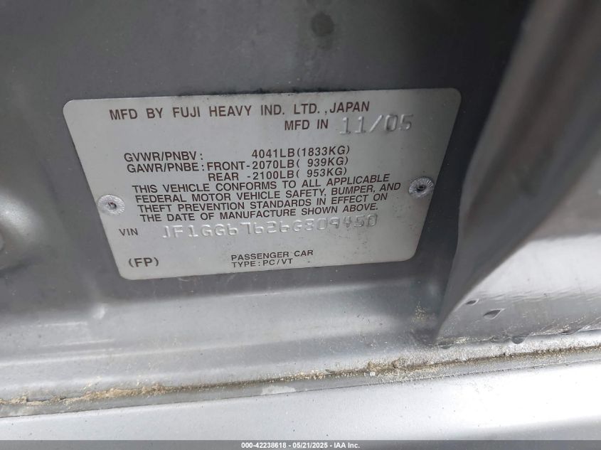 2006 Subaru Impreza 2.5I VIN: JF1GG67626G809450 Lot: 42238618