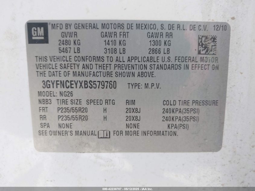 2011 Cadillac Srx Premium Collection VIN: 3GYFNCEYXB579760 Lot: 42238707