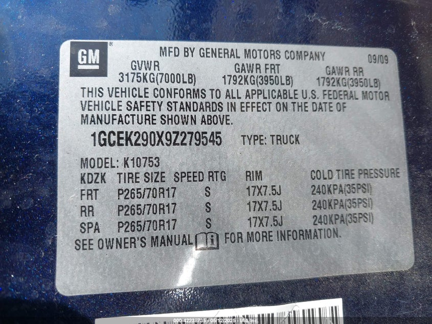 2009 CHEVROLET SILVERADO 1500 VIN: 1GCEK290X9Z279545