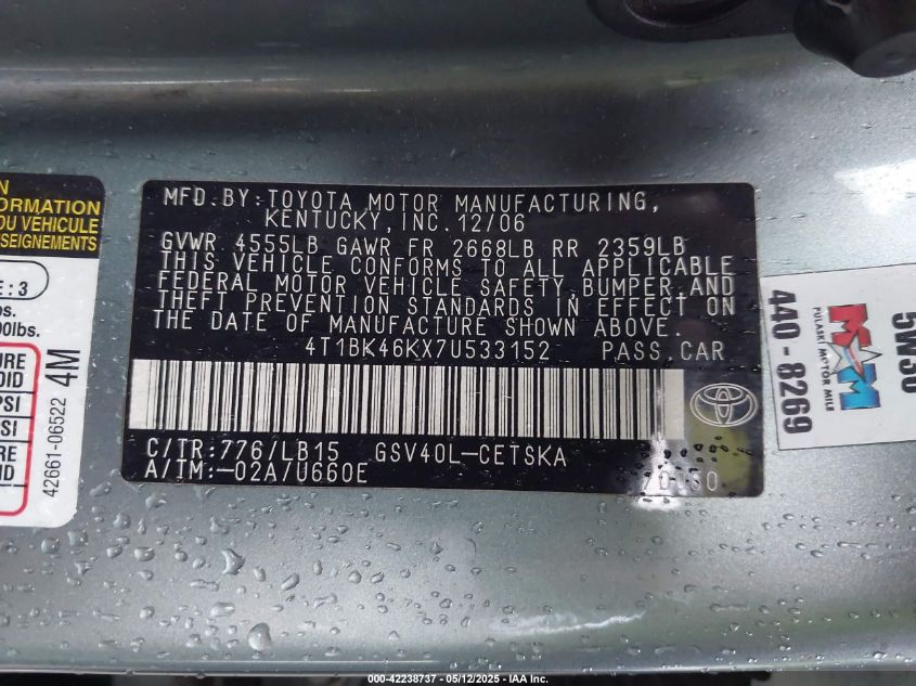 2007 Toyota Camry Se V6 VIN: 4T1BK46KX7U533152 Lot: 42238737