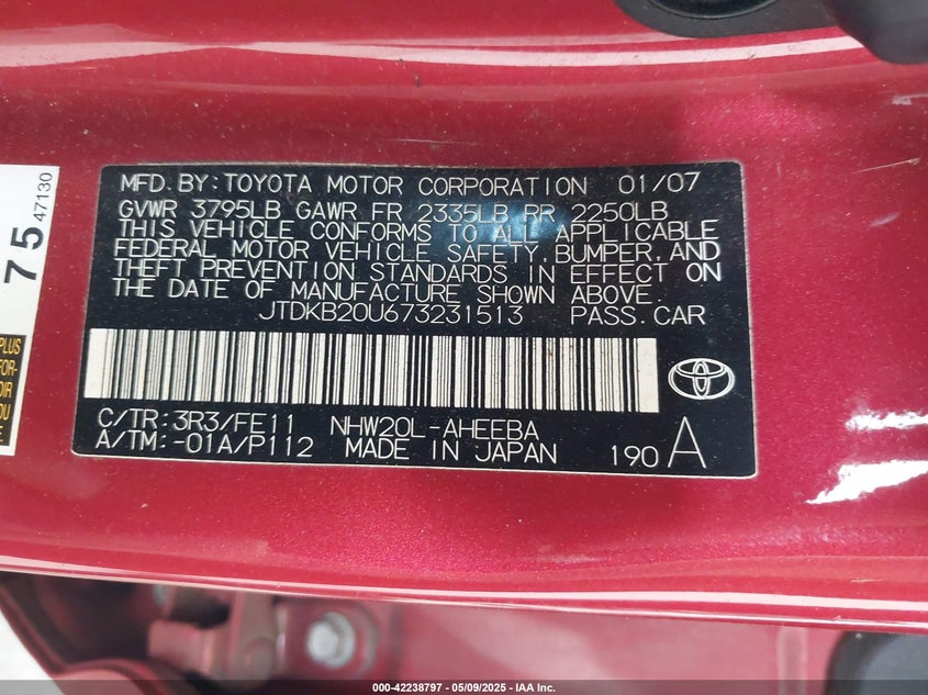 2007 TOYOTA PRIUS VIN: JTDKB20U673231513