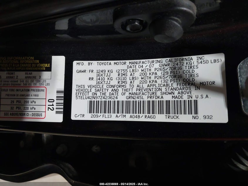 2007 TOYOTA TACOMA VIN: 5TELU42N97Z423624