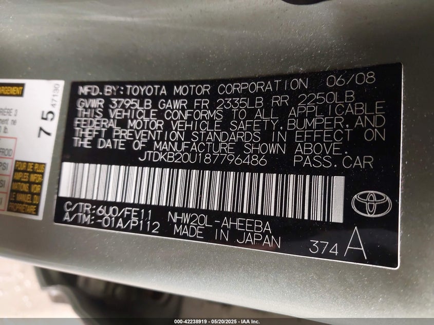 2008 TOYOTA PRIUS VIN: JTDKB20U187796486