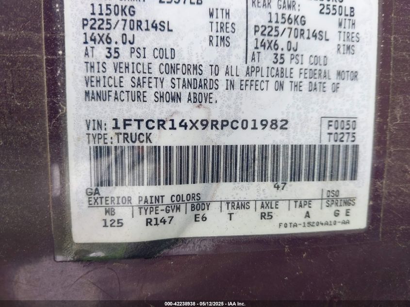 1994 Ford Ranger Super Cab VIN: 1FTCR14X9RPC01982 Lot: 42238938