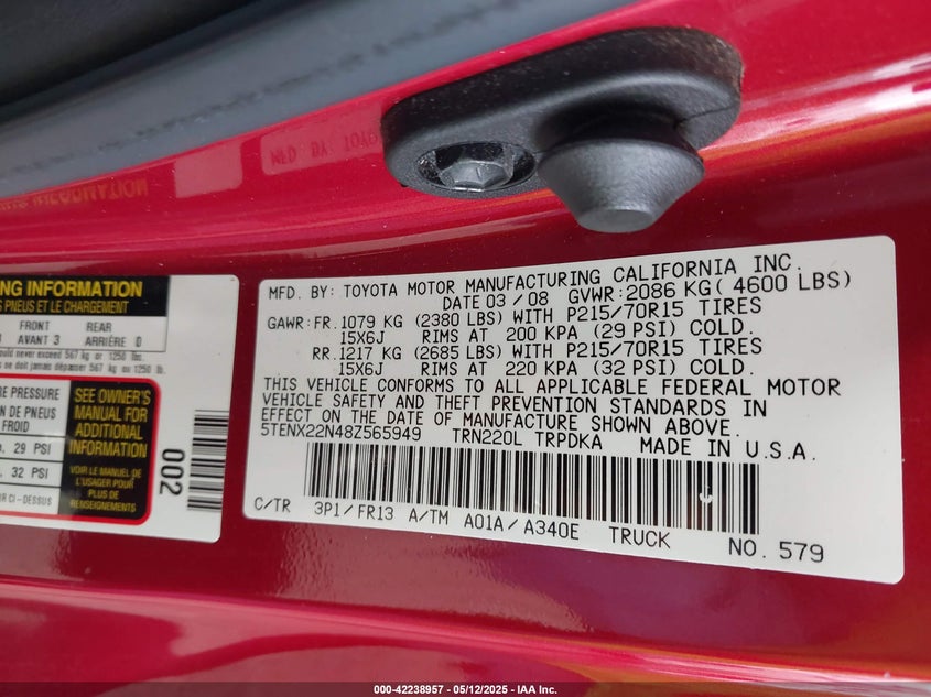 2008 TOYOTA TACOMA VIN: 5TENX22N48Z565949