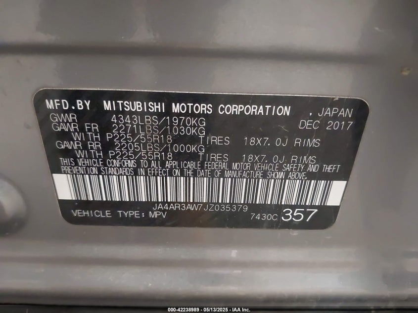 2018 MITSUBISHI OUTLANDER SPORT VIN: JA4AR3AW7JZ035379