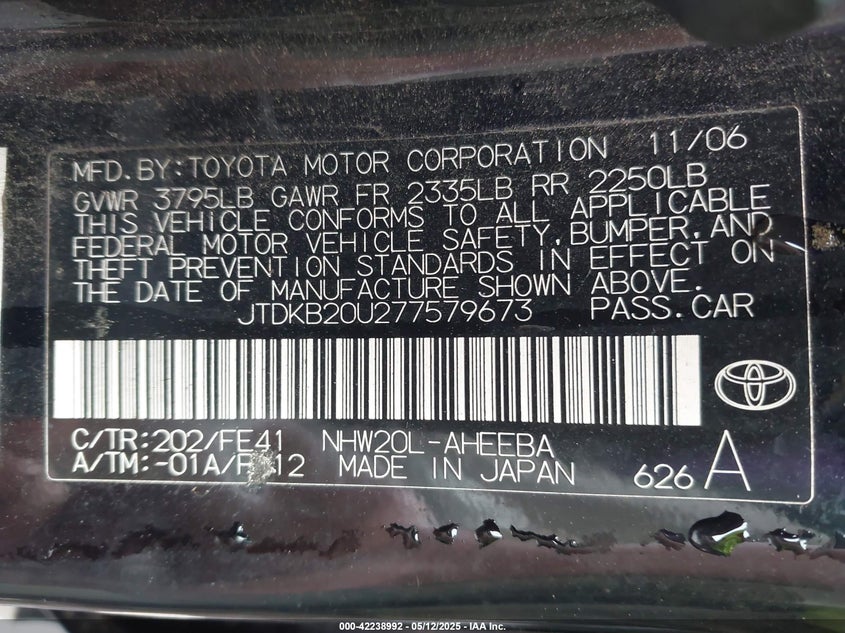 2007 TOYOTA PRIUS VIN: JTDKB20U277579673