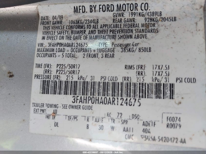 2010 FORD FUSION VIN: 3FAHP0HA0AR124675