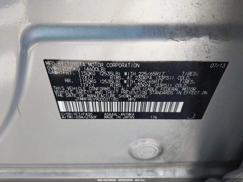 2013 TOYOTA RAV4 VIN: JTMRFREV9DD031180