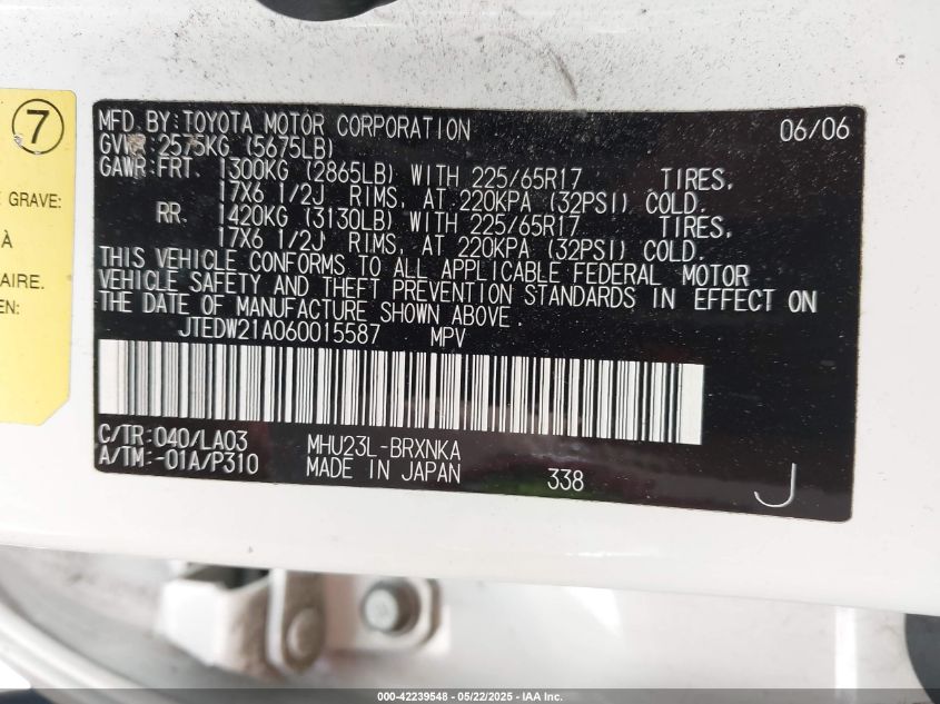 2006 Toyota Highlander V6 VIN: JTEDW21A06001558 Lot: 42239548