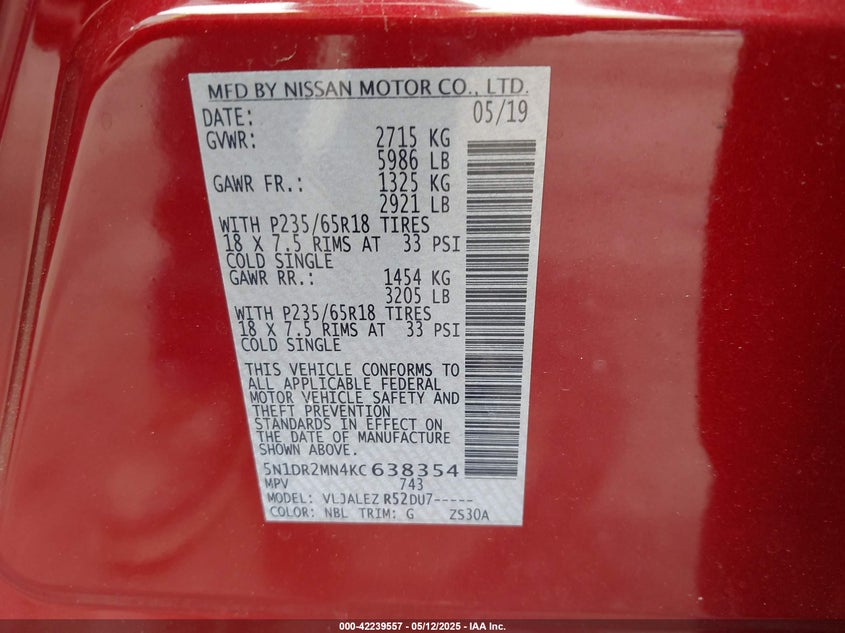 2019 NISSAN PATHFINDER VIN: 5N1DR2MN4KC638354