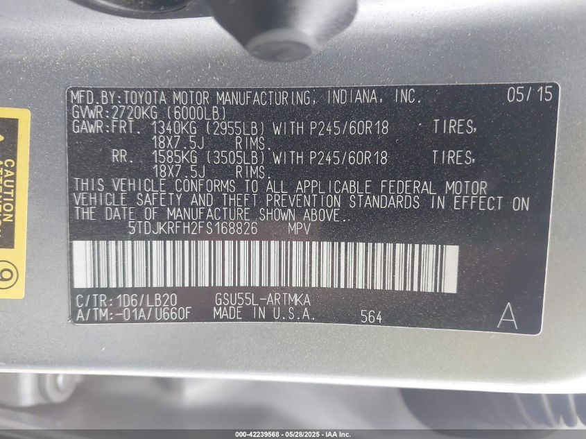 2015 Toyota Highlander Xle V6 VIN: 5TDJKRFH2FS16882 Lot: 42239568