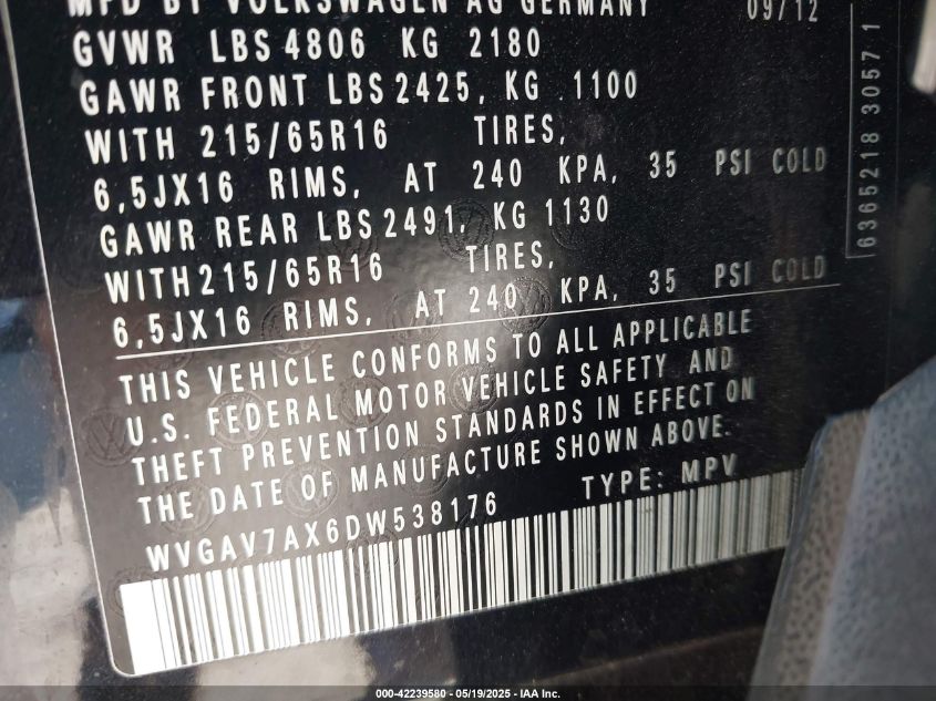 2013 Volkswagen Tiguan S/Se/Sel VIN: WVGAV7AX6DW53817 Lot: 42239580