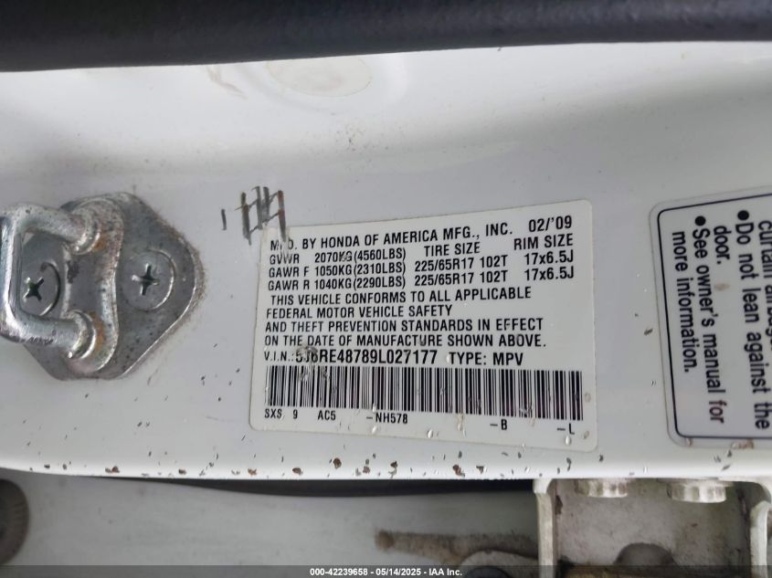 2009 Honda Cr-V Ex-L VIN: 5J6RE48789L027177 Lot: 42239658