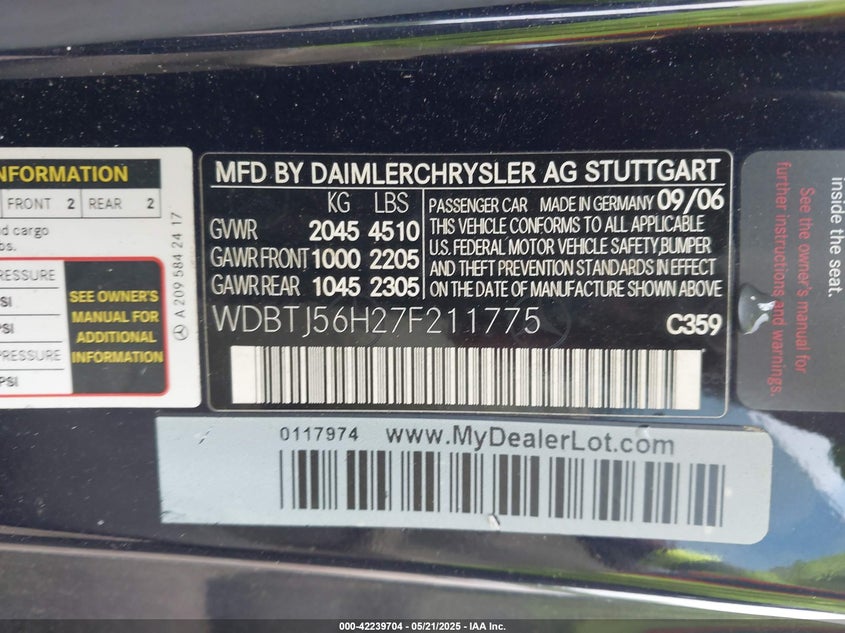 2007 MERCEDES-BENZ CLK VIN: WDBTJ56H27F211775