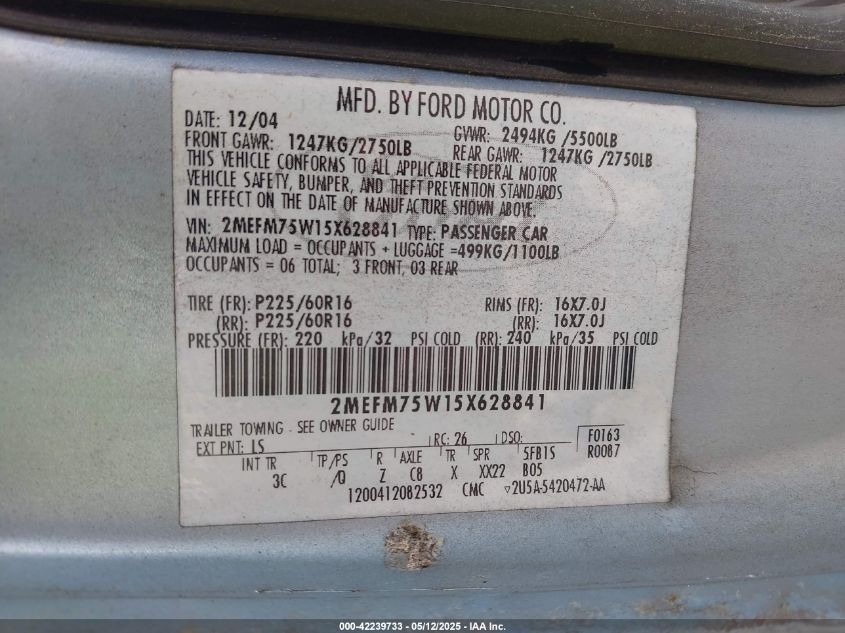 2005 Mercury Grand Marquis Ls/Lse VIN: 2MEFM75W15X628841 Lot: 42239733