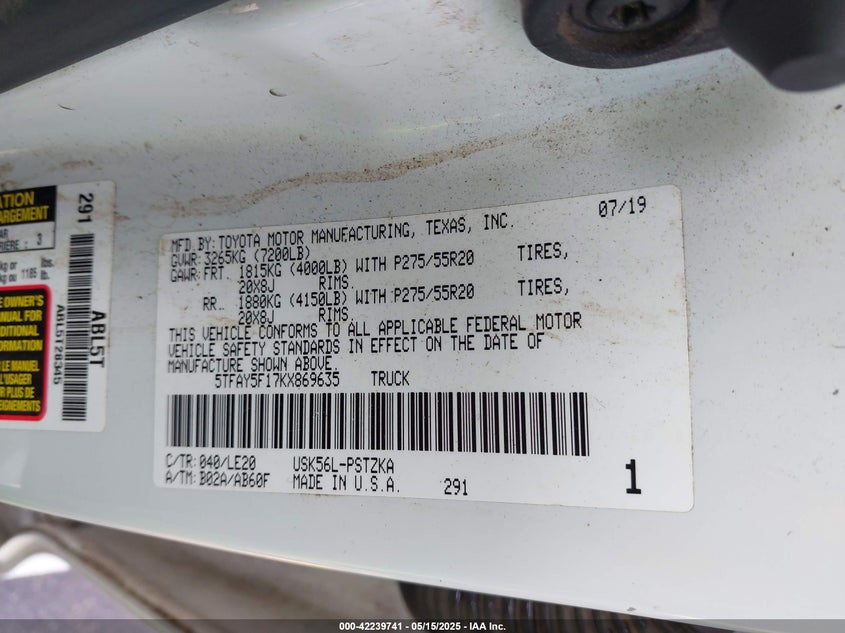 2019 TOYOTA TUNDRA PLATINUM 5.7L V8 - 5TFAY5F17KX869635